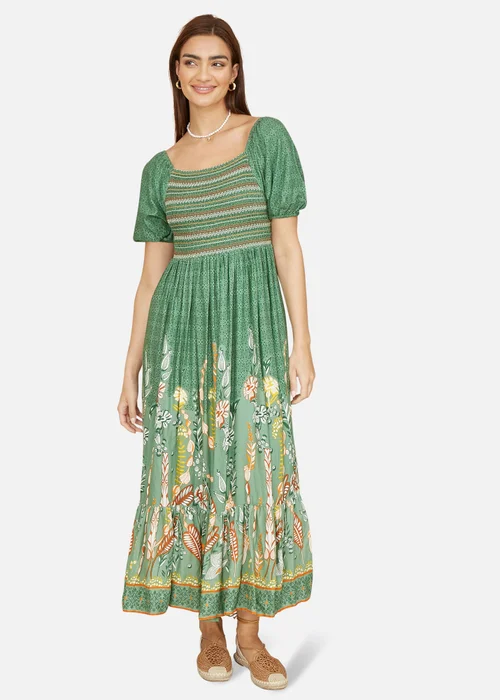 Yumi Green Ruched Leaf Print Maxi Dress With Puff Sleeves - 8 Image 1