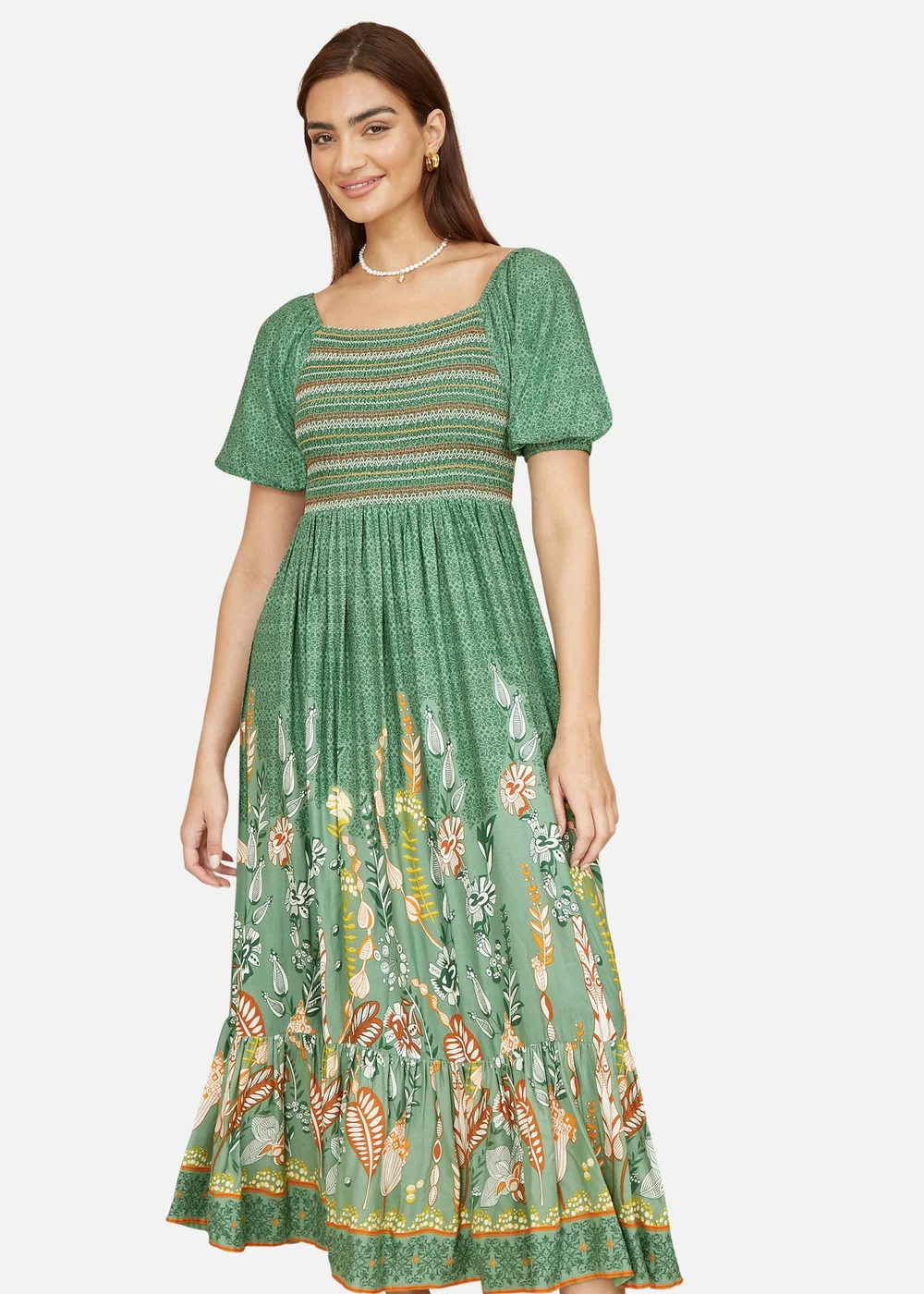 Yumi Green Ruched Leaf Print Maxi Dress With Puff Sleeves - 8 Image 2