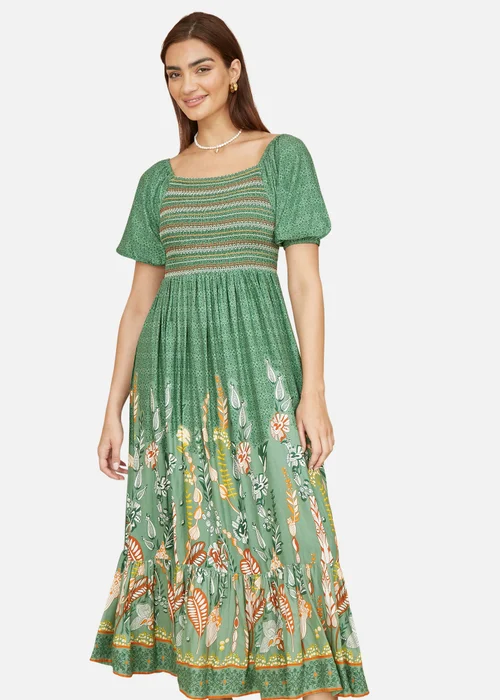 Yumi Green Ruched Leaf Print Maxi Dress With Puff Sleeves - 8 Image 2
