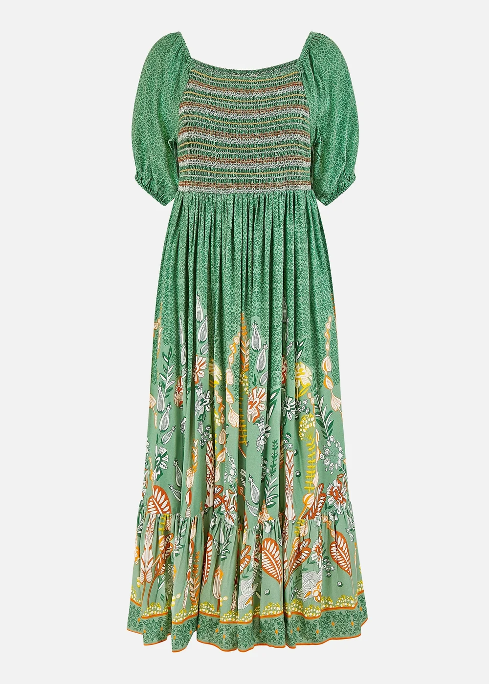 Yumi Green Ruched Leaf Print Maxi Dress With Puff Sleeves - 8 Image 3