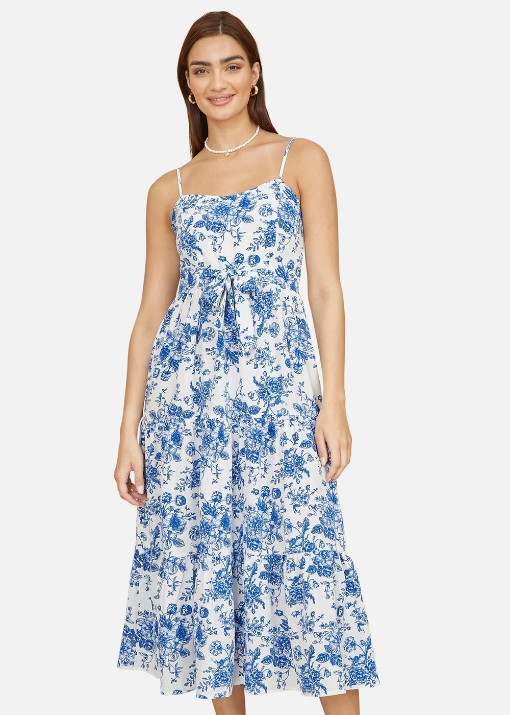 Yumi Blue Floral Strappy Midi Dress With Front Tie - 10 Yumi Blue Floral Strappy Midi Dress With Front Tie - 10