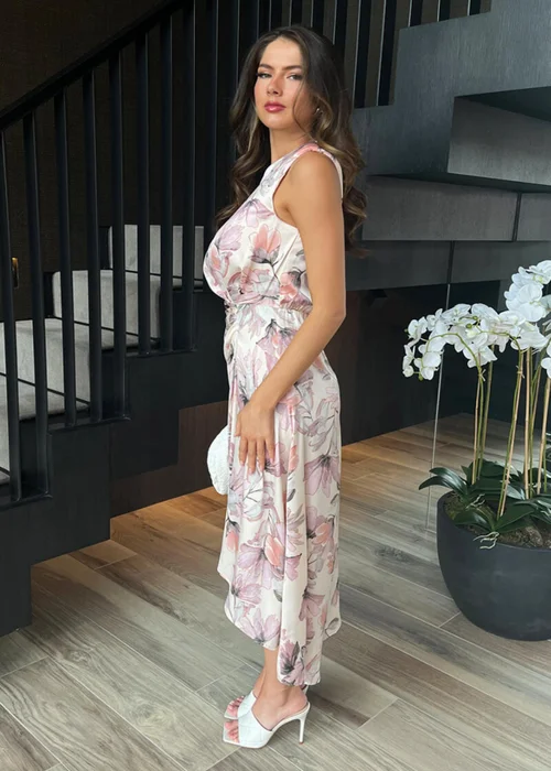 AX Paris Pink Blush Floral Print Gathered Midi Dress With Shoulder Pads - 8 Image 4
