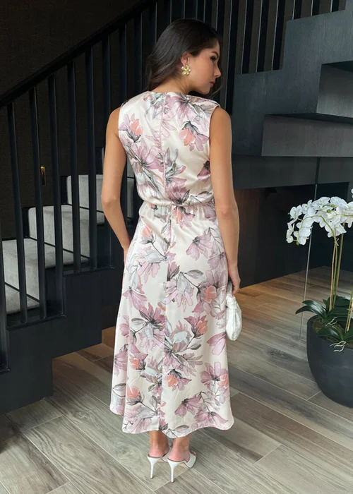 AX Paris Pink Blush Floral Print Gathered Midi Dress With Shoulder Pads - 8 Image 5