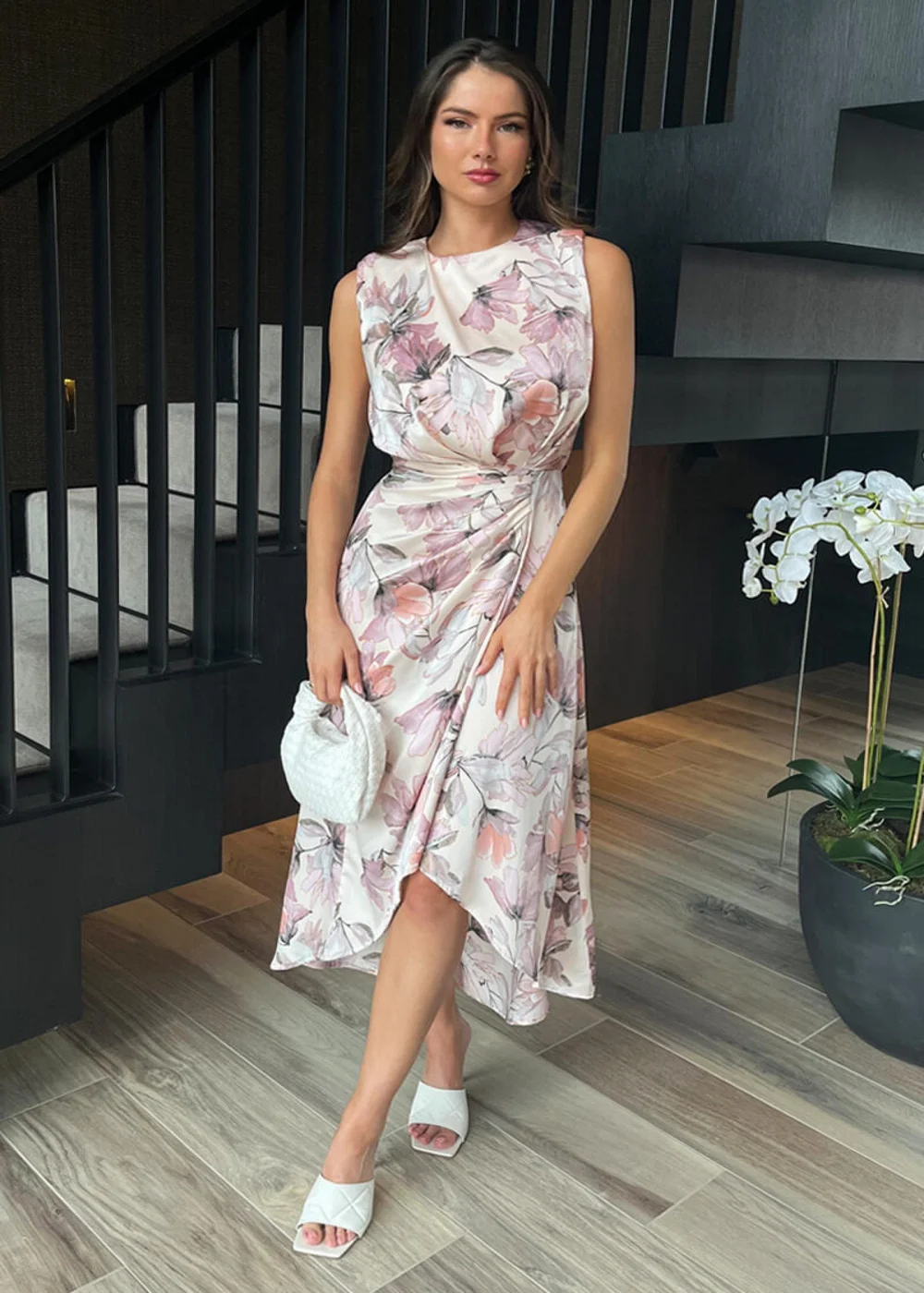 AX Paris Pink Blush Floral Print Gathered Midi Dress With Shoulder Pads - 8 Image 2