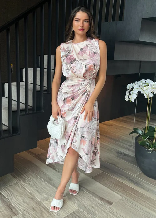 AX Paris Pink Blush Floral Print Gathered Midi Dress With Shoulder Pads - 8 Image 2