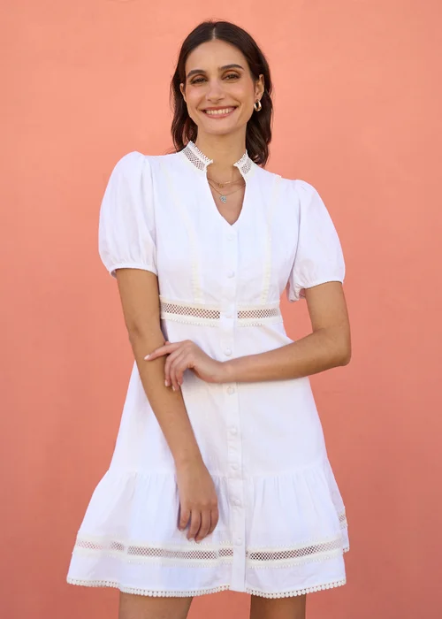 Yumi White Cotton Lace Trim Skater Shirt Dress - 14 Image 2
