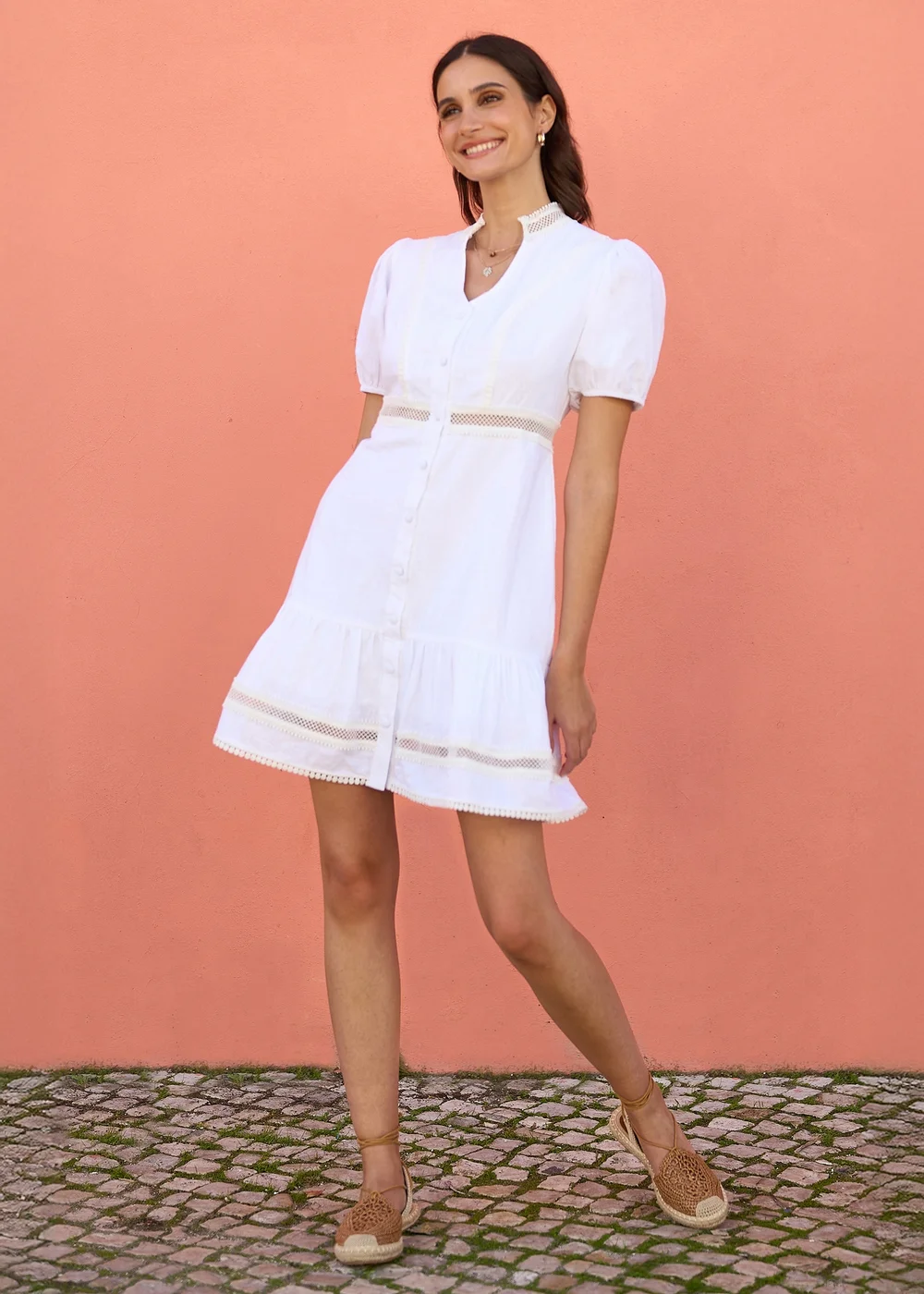 Yumi White Cotton Lace Trim Skater Shirt Dress - 14 Image 1