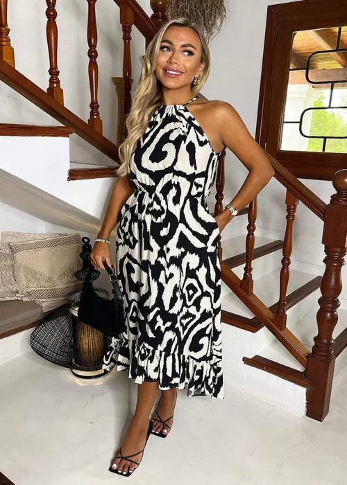 AX Paris Black And White Abstract Print Racer Neck Frill Hem Midi Dress - 8 Image 3