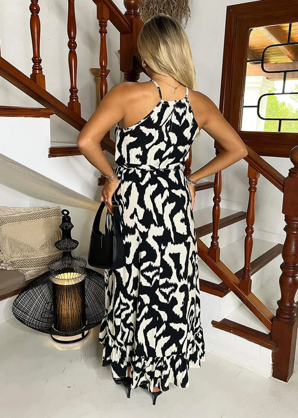 AX Paris Black And White Abstract Print Racer Neck Frill Hem Midi Dress - 8 Image 5