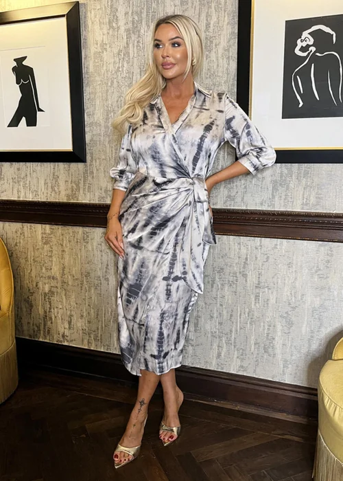 AX Paris Grey Printed 3/4 Sleeve Side Tie Waist Wrap Shirt Midi Dress - 8 Image 1