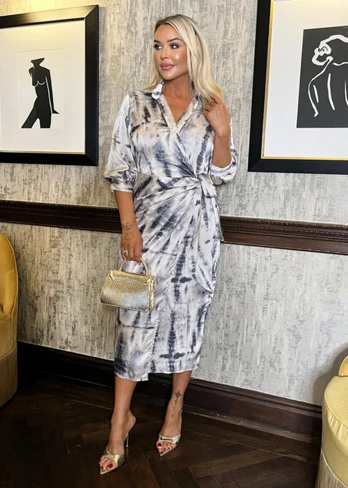 AX Paris Grey Printed 3/4 Sleeve Side Tie Waist Wrap Shirt Midi Dress - 8 Image 3