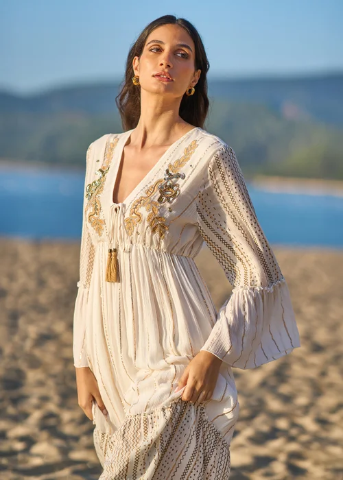 Yumi White Metallic Embellished Maxi Dress With Long Sleeves - 16 Image 2