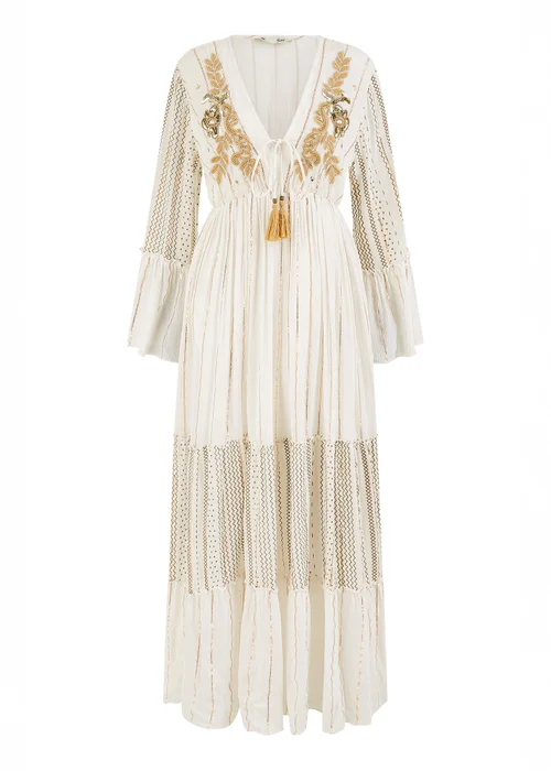 Yumi White Metallic Embellished Maxi Dress With Long Sleeves - 16 Image 5