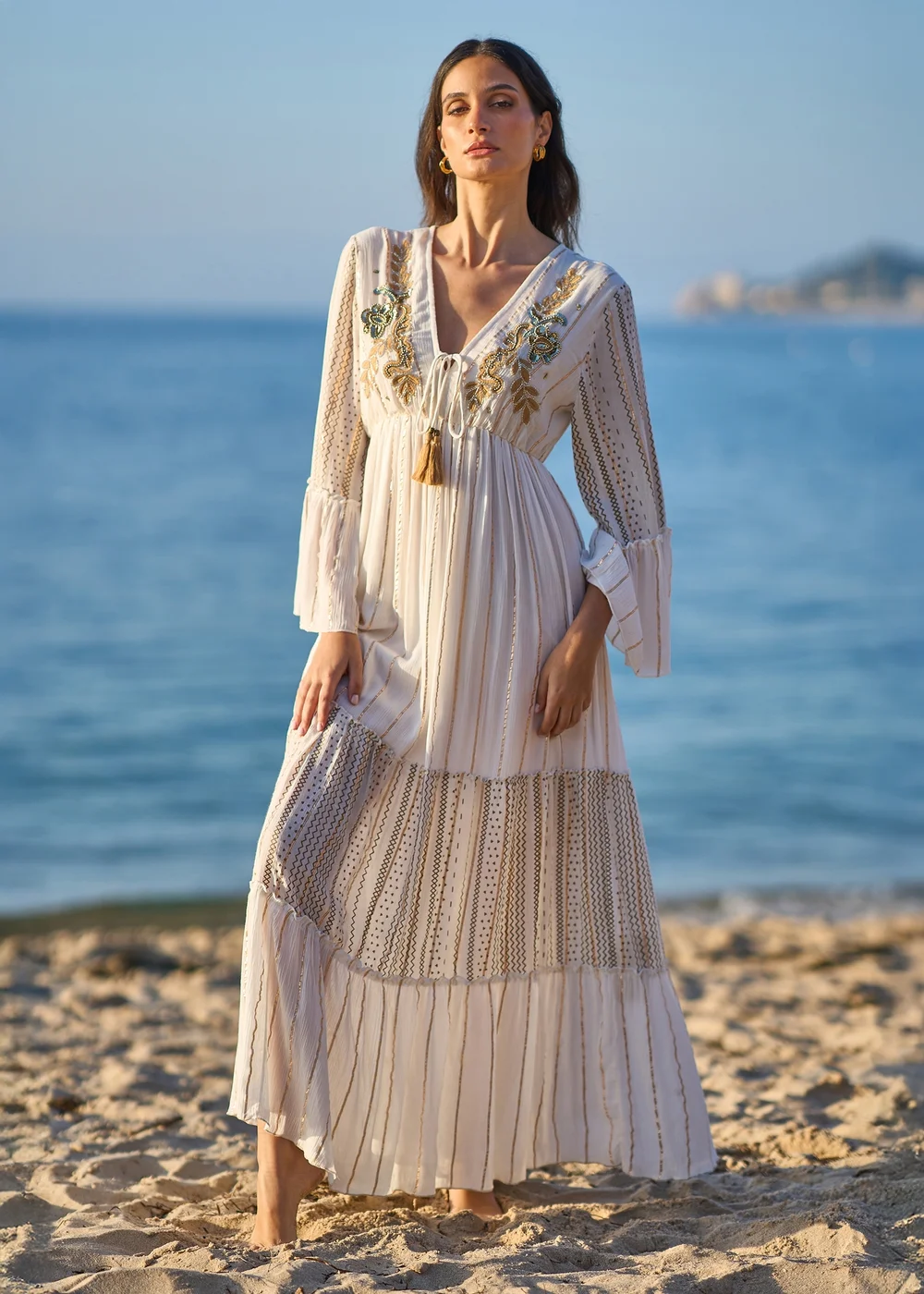 Yumi White Metallic Embellished Maxi Dress With Long Sleeves - 16 Yumi White Metallic Embellished Maxi Dress With Long Sleeves - 16