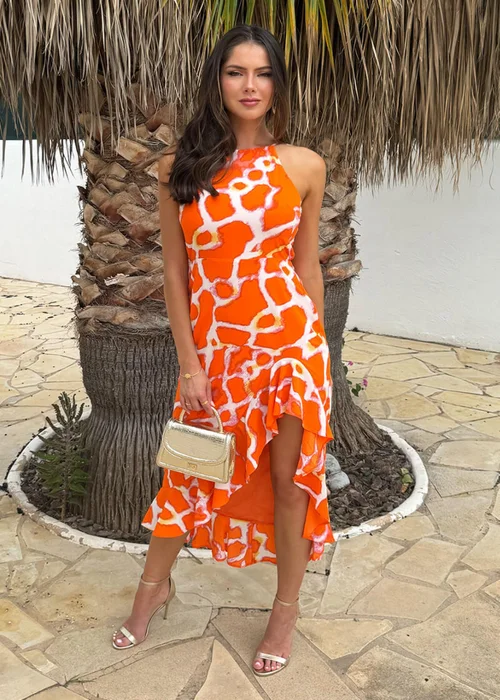 AX Paris Orange Giraffe Print Racer Neck High Low Frill Hem Midi Dress - 6 Image 2