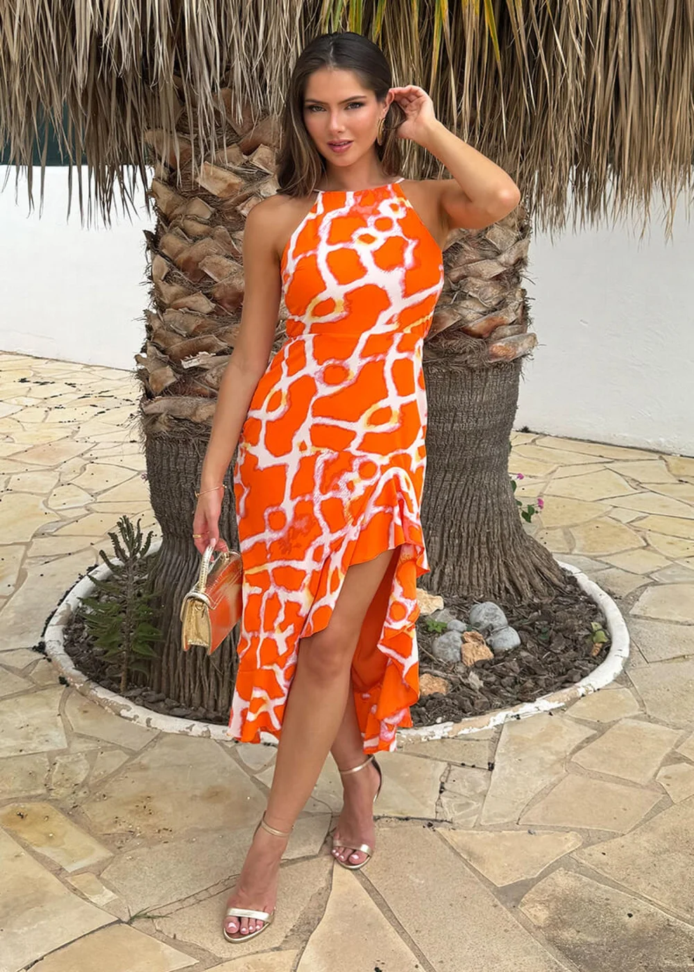 AX Paris Orange Giraffe Print Racer Neck High Low Frill Hem Midi Dress - 6 Image 1