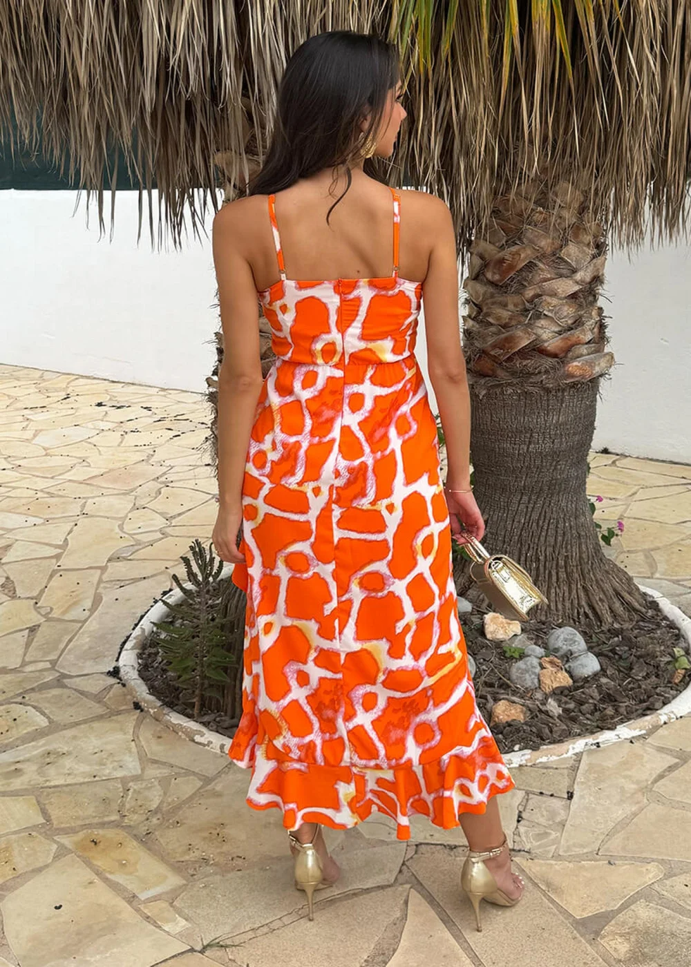 AX Paris Orange Giraffe Print Racer Neck High Low Frill Hem Midi Dress - 6 Image 5