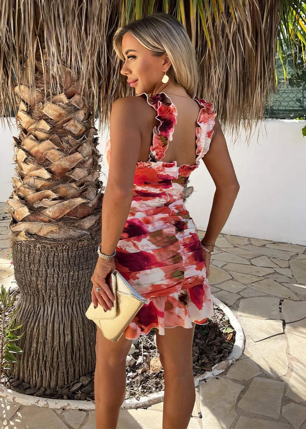 AX Paris Peach Smudge Print Ruched Frill Straps Mini Dress - 8 Image 5