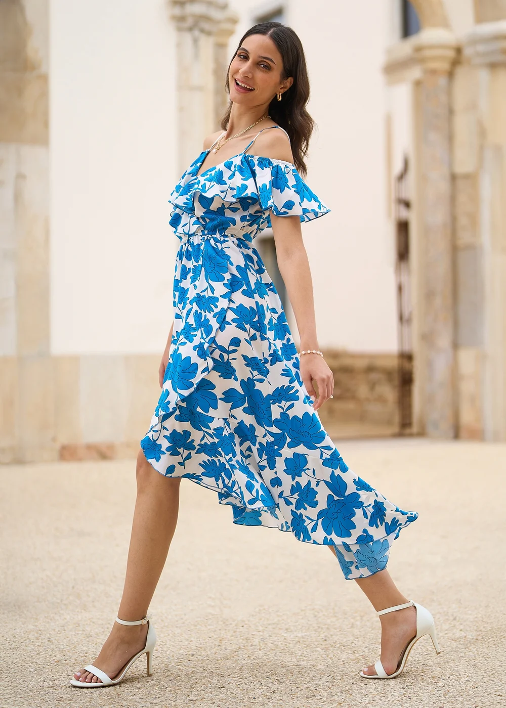 Yumi Blue Floral Print Bardot Midi Dress With Dip Hem - 14 | Matalan Yumi Blue Floral Print Bardot Midi Dress With Dip Hem - 14 | Matalan