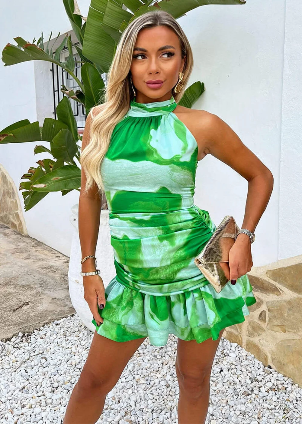 AX Paris Green Tie Dye Print Halter Neck Ruched Mini Dress - 10 AX Paris Green Tie Dye Print Halter Neck Ruched Mini Dress - 10