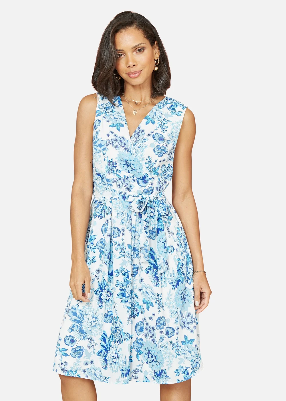 Yumi Blue Floral Wrap Over Skater Dress - 10 Yumi Blue Floral Wrap Over Skater Dress - 10