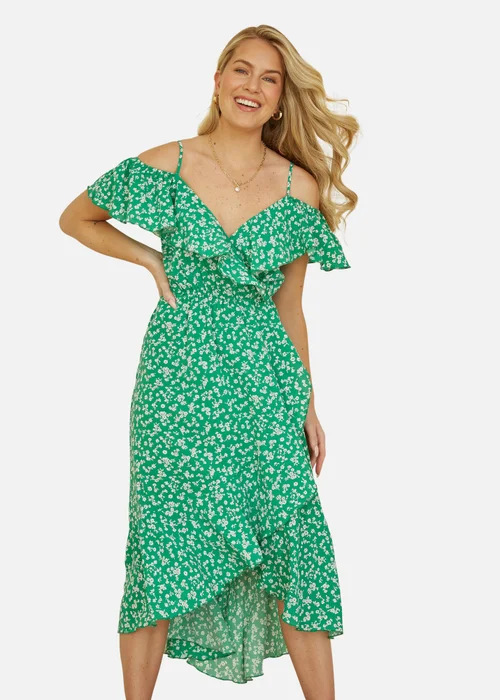 Yumi Green Ditsy Print Bardot Midi Dress With Dip Hem - 12 Image 1