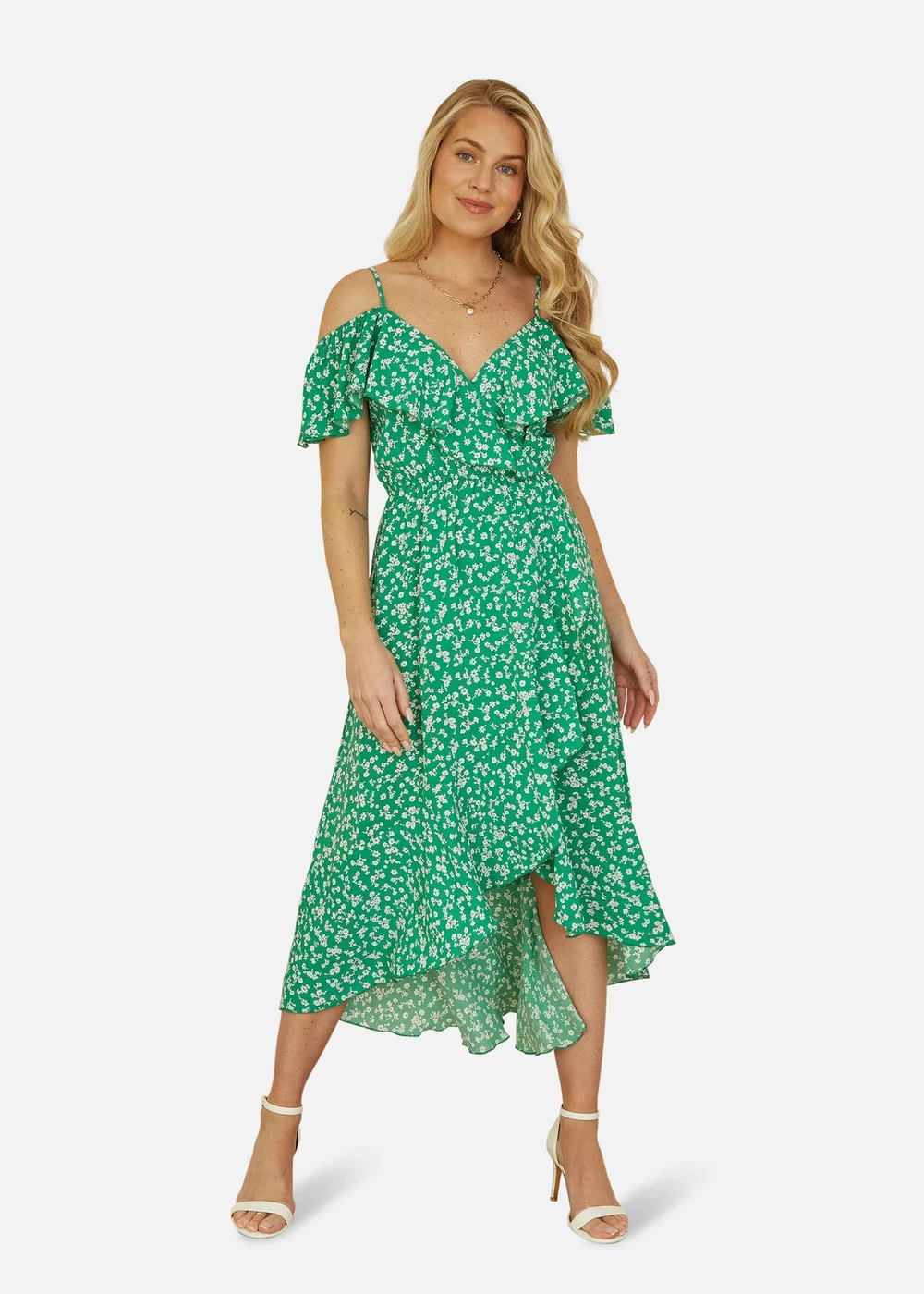 Yumi Green Ditsy Print Bardot Midi Dress With Dip Hem - 12 Image 2