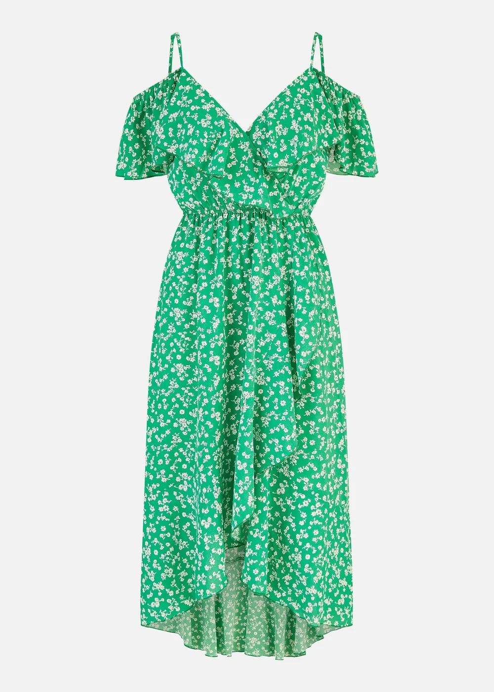 Yumi Green Ditsy Print Bardot Midi Dress With Dip Hem - 8 | Matalan Yumi Green Ditsy Print Bardot Midi Dress With Dip Hem - 8 | Matalan