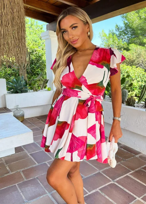 AX Paris Pink Floral Print Wrap Top Tie Waist Skater Mini Dress - 10 Image 3