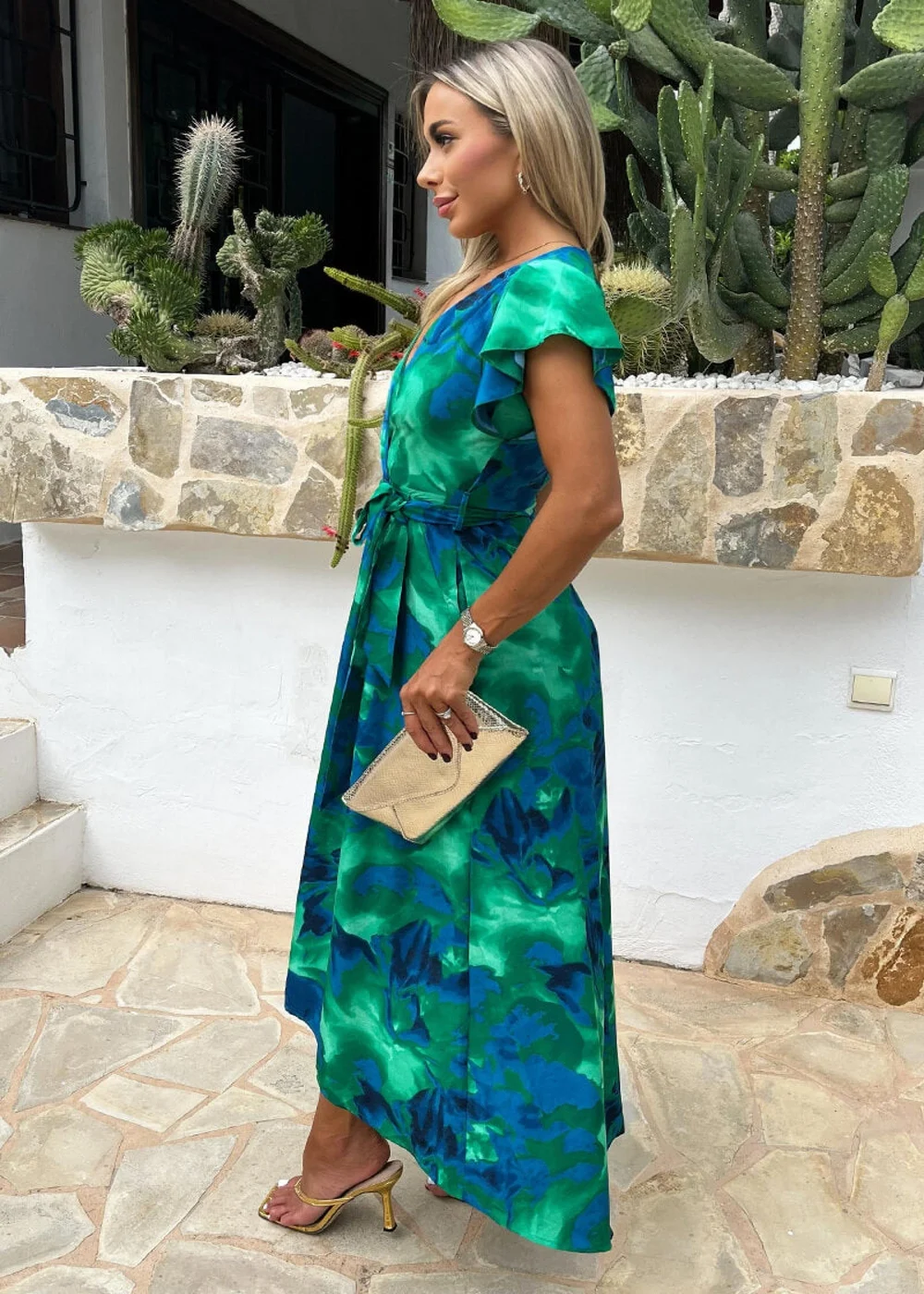 AX Paris Green Abstract Print Short Sleeve Belted Wrap Midi Dress - 10 Image 4