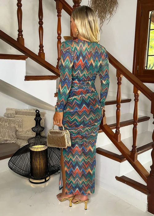 AX Paris Multi Zig Zag Printed Mesh Overlay Long Sleeve Bodycon Midi Dress - 8 Image 5