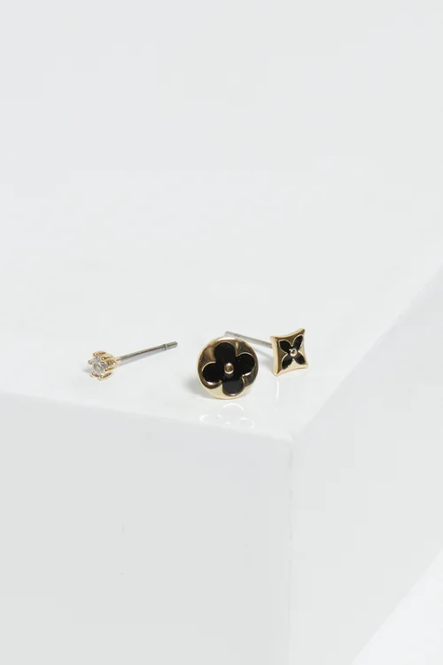 Jon Richard Gold Plated & Jet Enamel Earrings Pack Of 3 - One Size Image 2