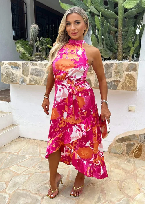 AX Paris Pink Abstract Printed Halterneck Tie Waist Dipped Hem Midi Dress - 8 Image 1