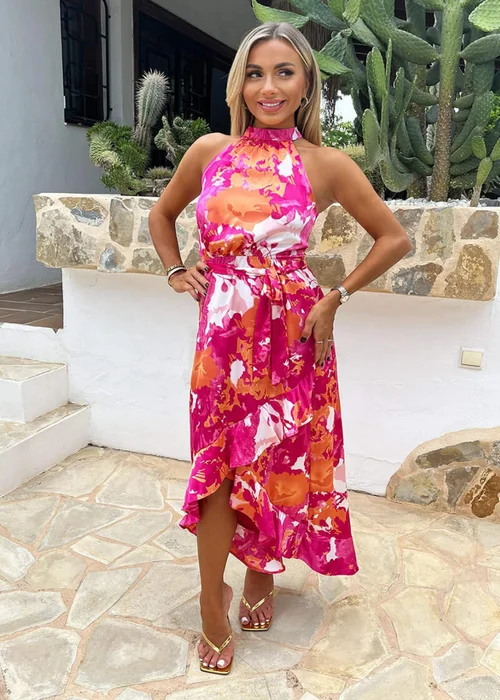 AX Paris Pink Abstract Printed Halterneck Tie Waist Dipped Hem Midi Dress - 8 Image 2