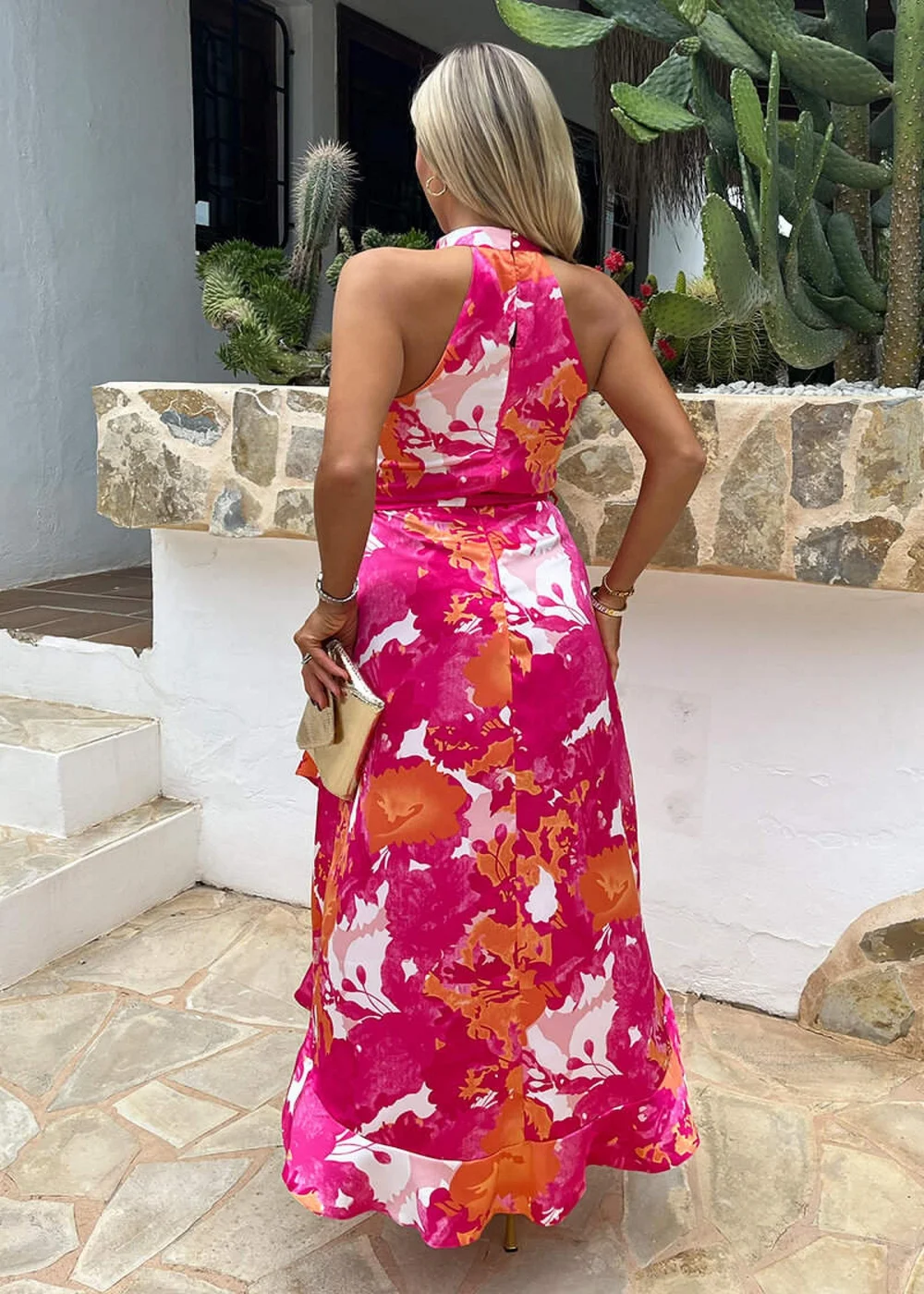 AX Paris Pink Abstract Printed Halterneck Tie Waist Dipped Hem Midi Dress - 8 Image 5