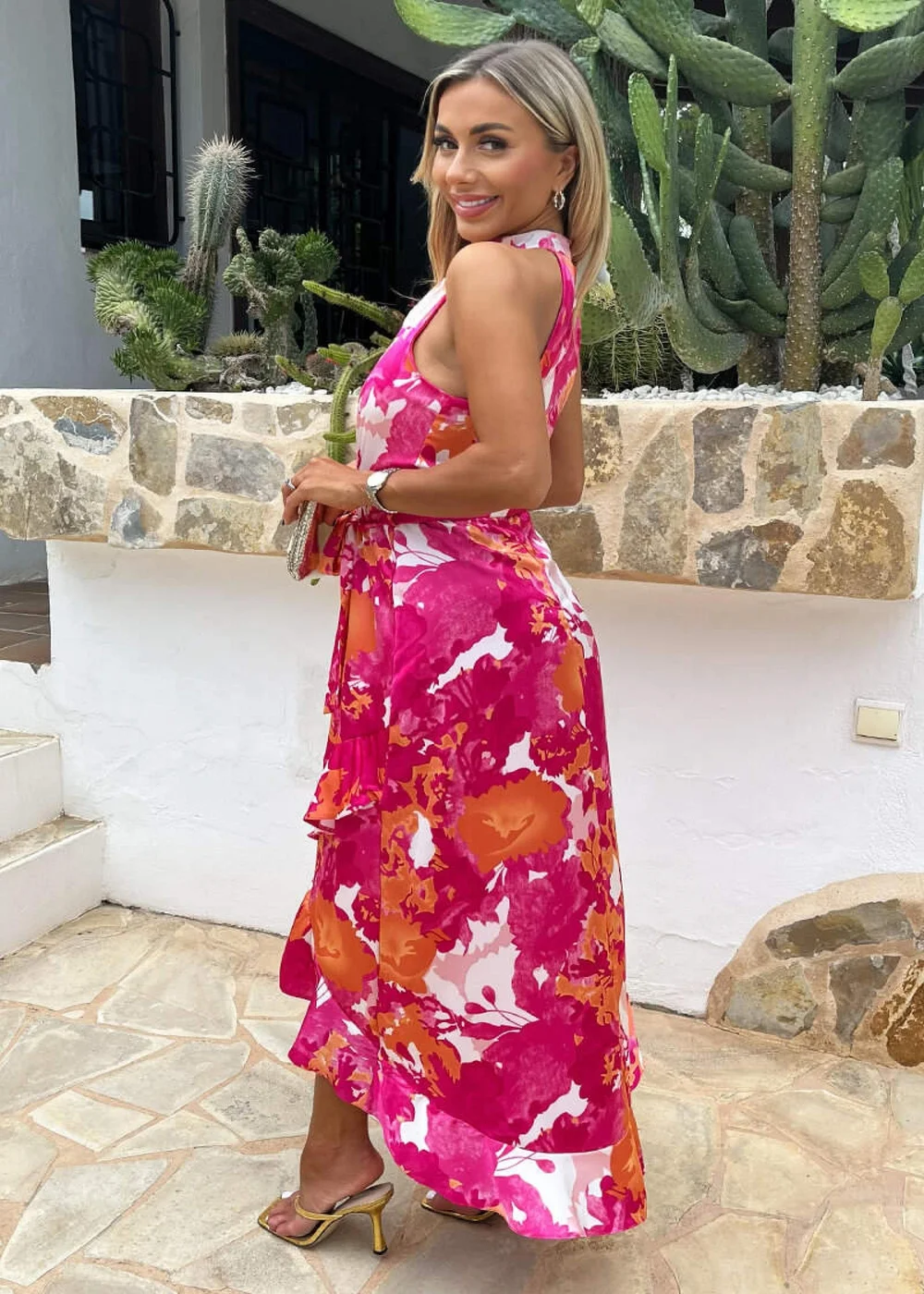 AX Paris Pink Abstract Printed Halterneck Tie Waist Dipped Hem Midi Dress - 8 Image 4