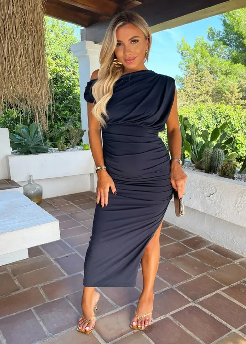 AX Paris Navy Off The Shoulder Draped Top Midi Dress - 8 Image 2
