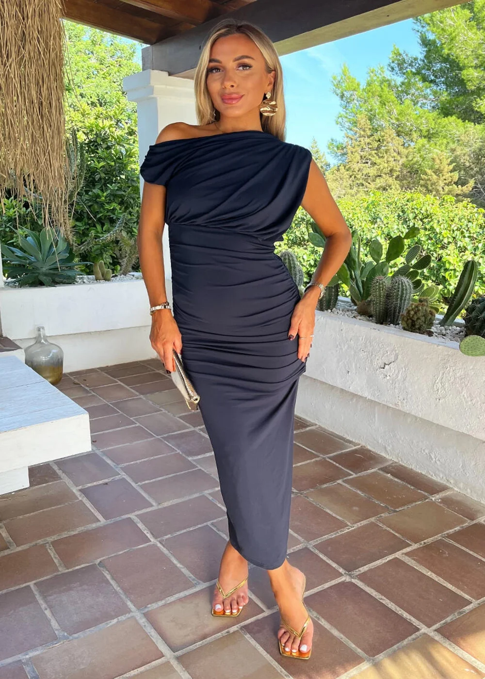 peach off the shoulder draped top midi dress Peach Pink Off Shoulder Midi Dress Gabi Swimwear