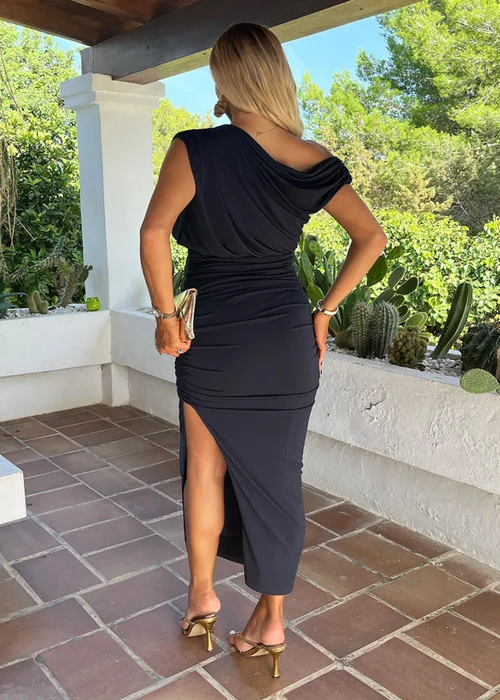 AX Paris Navy Off The Shoulder Draped Top Midi Dress - 8 Image 5