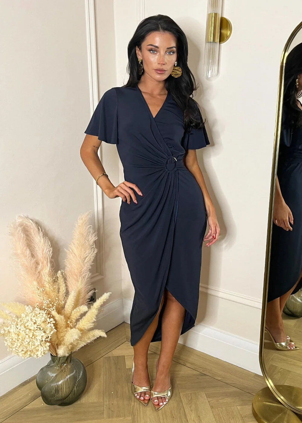 AX Paris Navy Short Sleeve Ring Detail Wrap Midi Dress - 8 Image 2
