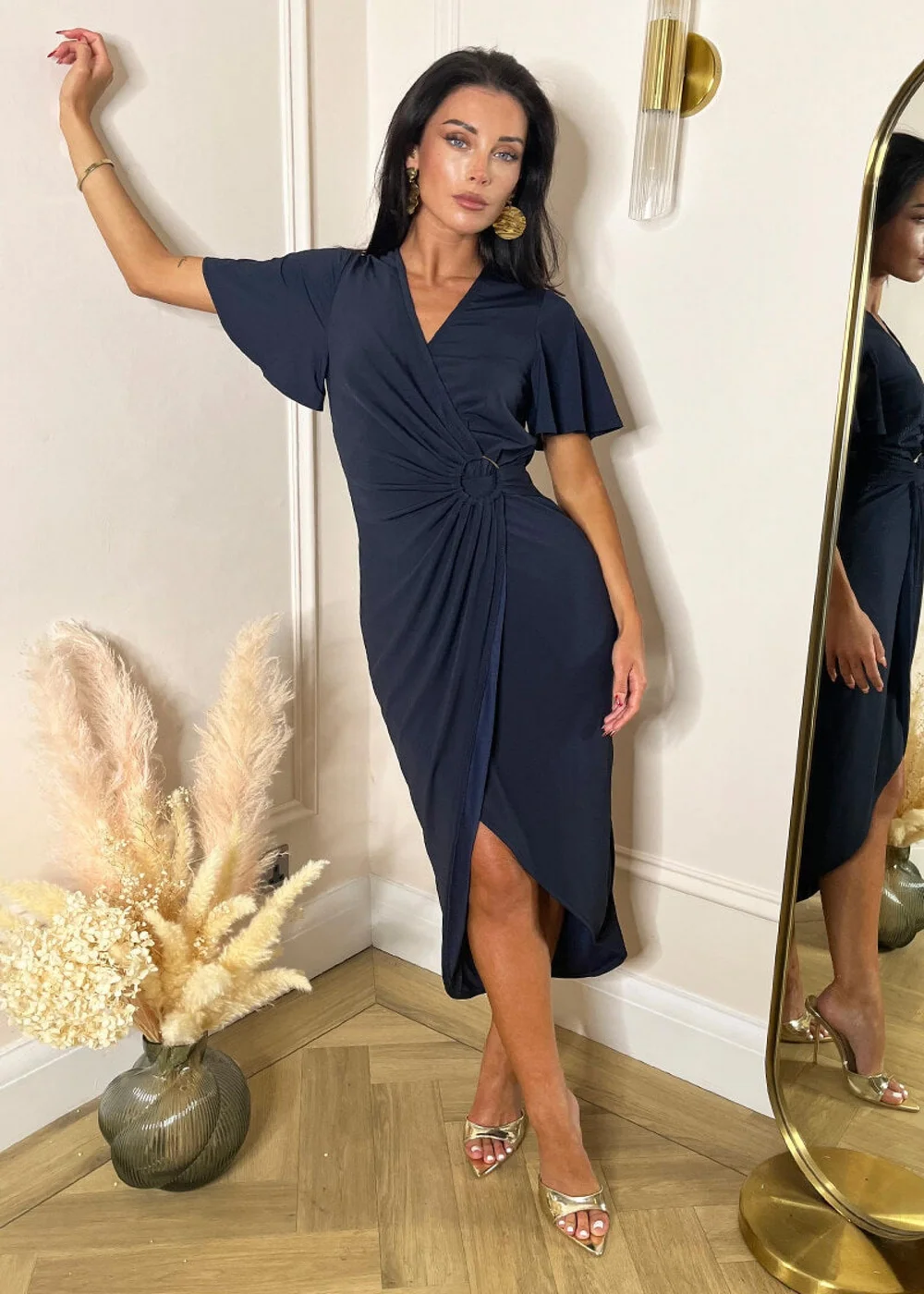 AX Paris Navy Short Sleeve Ring Detail Wrap Midi Dress - 8 Image 1