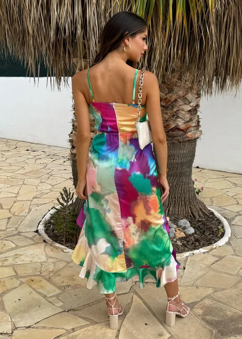 AX Paris Multi Watercolour Print Racer Neck High Low Frill Hem Midi Dress - 8 Image 5