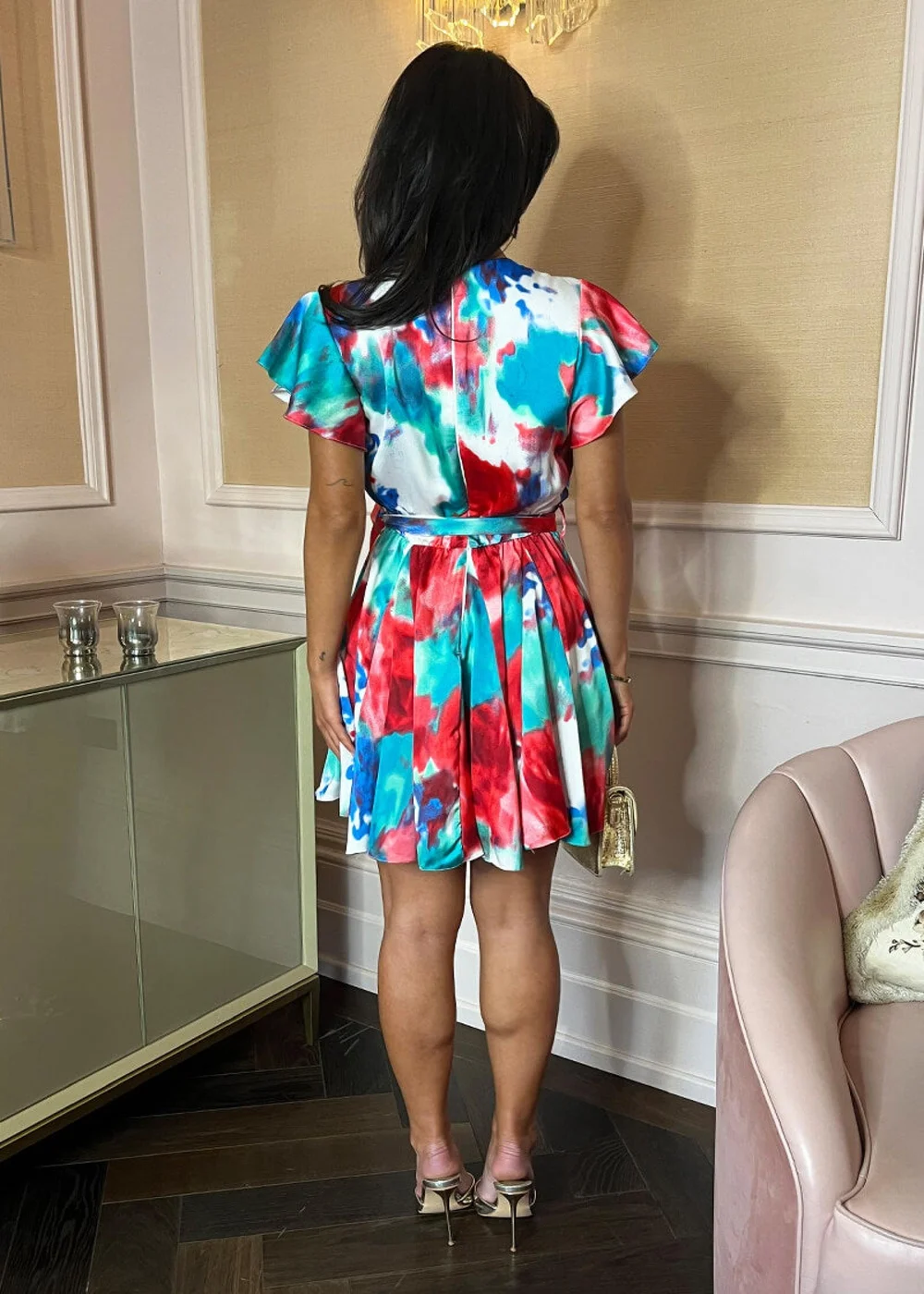AX Paris Multi Tie Dye Printed Wrap Top Tie Waist Skater Mini Dress - 8 Image 5