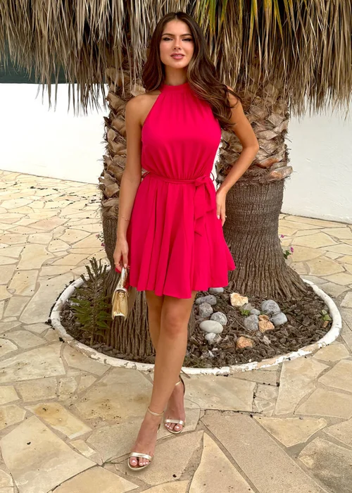 AX Paris Magenta Halterneck Tie Waist Skater Mini Dress - 6 Image 2