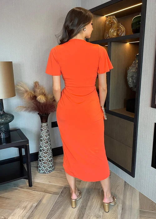 AX Paris Orange Short Sleeve Ring Detail Wrap Midi Dress - 8 Image 5
