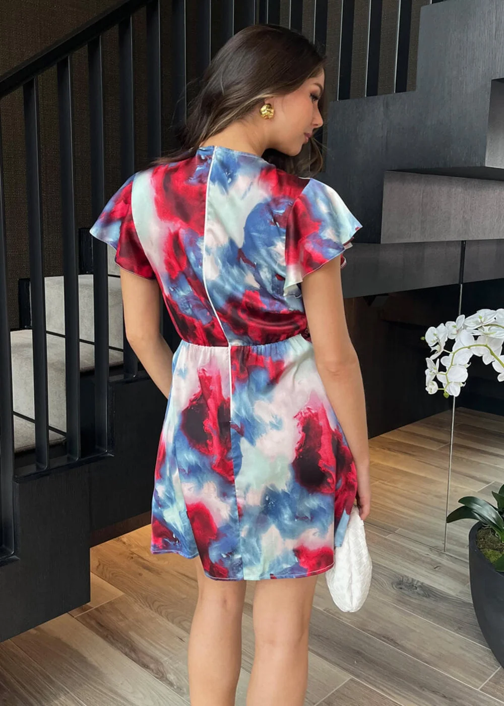 AX Paris Multi Smudge Print Flutter Sleeve Gathered Side Mini Dress - 16 Image 5