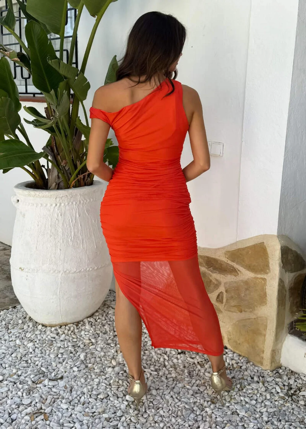 AX Paris Orange Mesh Overlay Off The Shoulder Ruched Bodycon Midi Dress - 8 Image 5