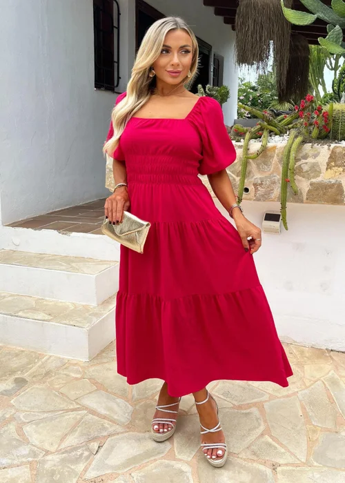 AX Paris Magenta Puff Sleeve Shirred Waist Smock Midi Dress - 8 Image 2