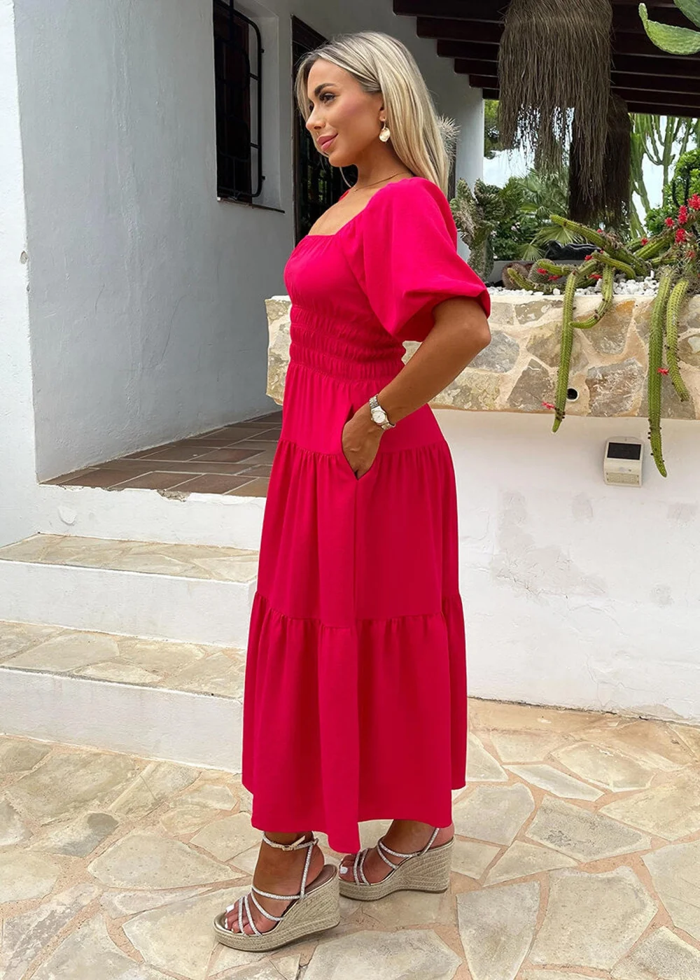 AX Paris Magenta Puff Sleeve Shirred Waist Smock Midi Dress - 8 Image 4