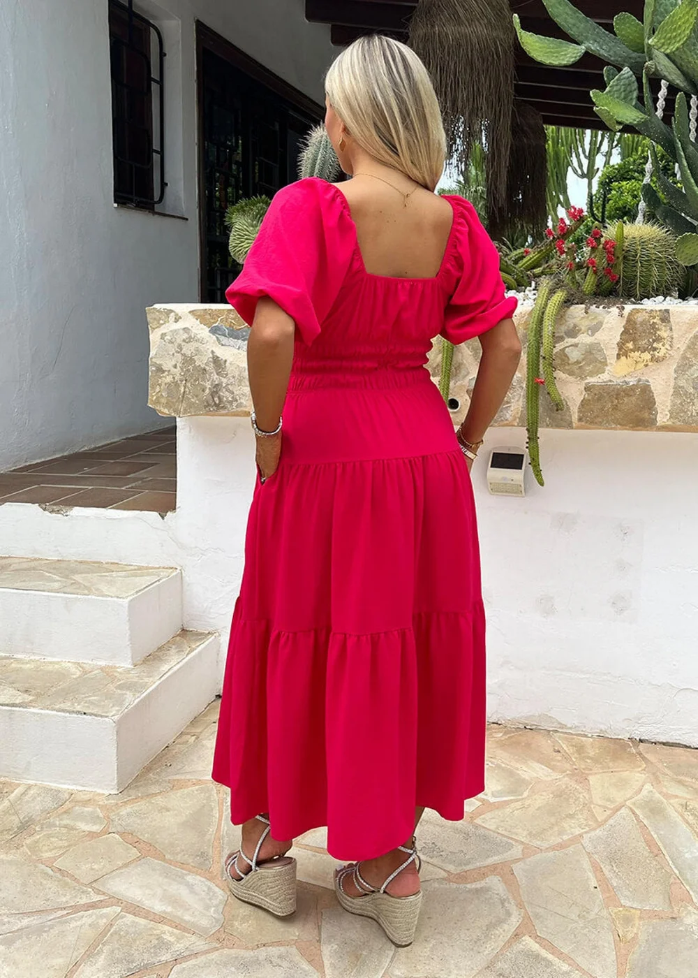 AX Paris Magenta Puff Sleeve Shirred Waist Smock Midi Dress - 8 Image 5